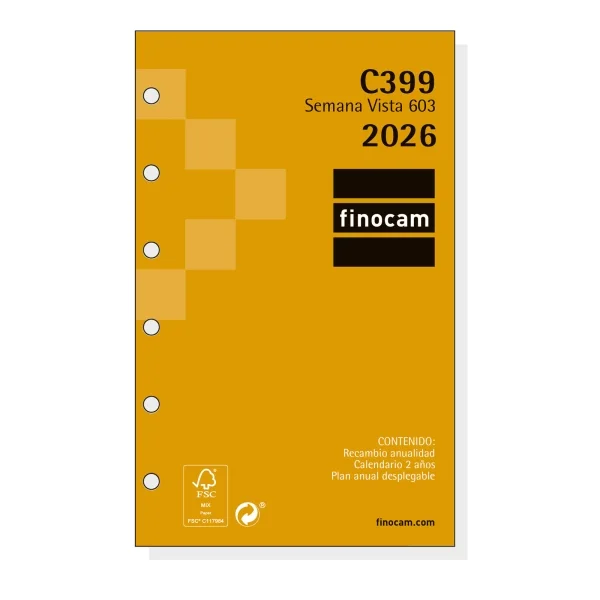 Finocam C399 Recambio para Agendas Classic - Anual 2026 - Hojas Microperforadas - Formato 603 - 79x6x127mm - Semana Vista Horizontal - Color Blanco