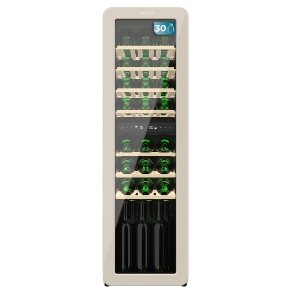 Cecotec Bolero GrandSommelier Origin Duo 30 Hit Beige Vinoteca para 30 Botellas - Luz LED - Temperatura Regulable - Estilo Retro - Ventilador Interior - 120.5x36.6x47.6cm - Color Beige