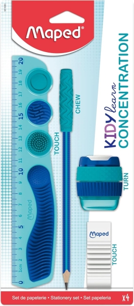 Maped Kidy Lern Concentration Pack con Regla 20cm + Sacapuntas + Goma de Borrar + Lapiz - Diseñados para Ayudar a la Concentracion - Zonas Tactiles Sensoriales - Color Azul