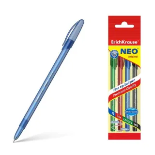 Erichkrause Pack de 4 Boligrafos Neo Original - Punta de Aguja Sofisticada Fine Tip - Cuerpo Redondo Translucido Mate - Tinta en Colores Azul, Negro, Rojo, Verde - Color Del Cuerpo Coincide