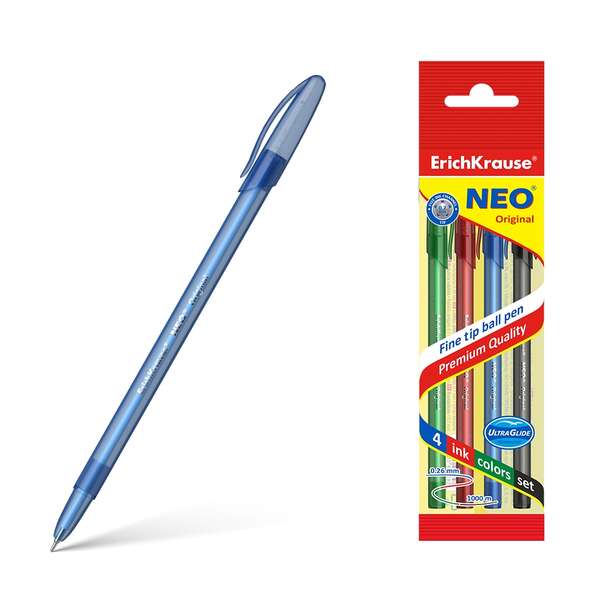 Erichkrause Pack de 4 Boligrafos Neo Original - Punta de Aguja Sofisticada Fine Tip - Cuerpo Redondo Translucido Mate - Tinta en Colores Azul, Negro, Rojo, Verde - Color Del Cuerpo Coincide