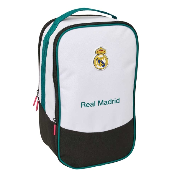 Safta Real Madrid Equipacion 26/27 Zapatillero Doble - Bolsillo Interior de Velcro - Compartimento Trasero con Cremallera - Asa de Mano - 21x36x16cm - Color Blanco y Negro