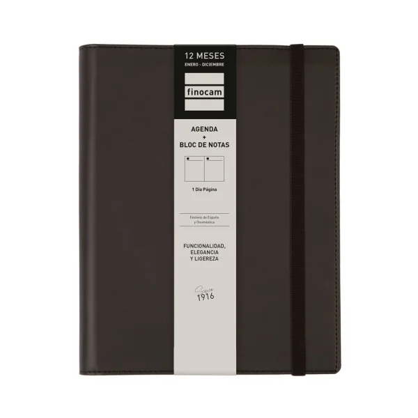 Finocam Duoband Agenda - Anual 2026 - Bloc de Notas - Formato E10 - 176x28x226mm - 1 Dia por Pagina - Color Negro