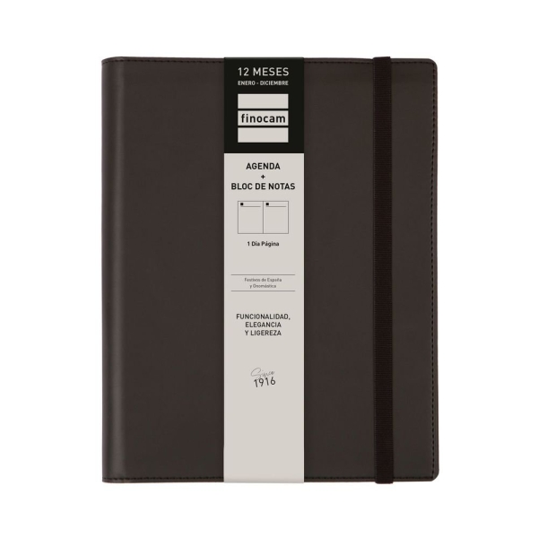 Finocam Duoband Agenda - Anual 2026 - Bloc de Notas - Formato E10 - 176x28x226mm - 1 Dia por Pagina - Color Negro