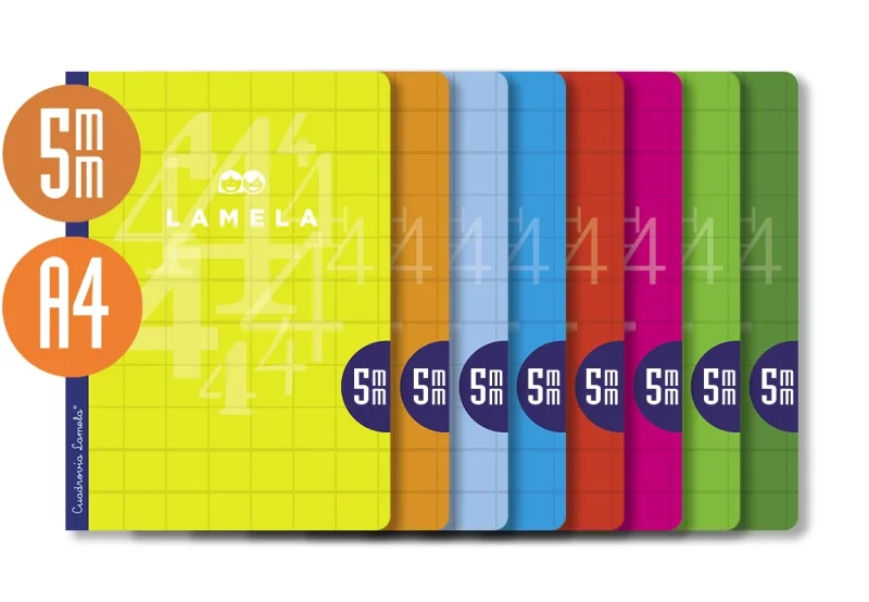 Lamela Pack de 10 Libretas Grapadas con 50 Hojas de 90g/m2 con Margen - Formato A4 - Pauta Cuadrovia de 5mm - Cubierta de Cartoncillo Plastificado - Papel Offset Blanco Extra - Colores Surtidos