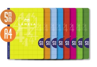 Lamela Pack de 10 Libretas Grapadas con 50 Hojas de 90g/m2 con Margen - Formato A4 - Pauta Cuadrovia de 5mm - Cubierta de Cartoncillo Plastificado - Papel Offset Blanco Extra - Colores Surti