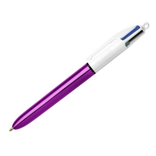 Bic 4 Colours Shine Boligrafo de Bola Retractil - Punta de 1mm - Trazo de 0.4mm - Tinta con Base de Aceite - Cuerpo Morado Metalizado/Blanco - 4 Colores · Pack de 12 uds.