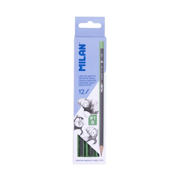 Milan Pack de 12 Lapices de Grafito Triangulares - Mina B #1 de 2mm - Resistente a la Rotura - Para Escritura y Dibujo