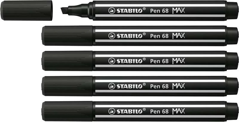 Stabilo Pen 68 MAX Rotulador - Punta de Fibra Biselada - Trazo entre 1-5mm aprox. - Tinta a Base de Agua - Color Negro · Pack de 5 uds.