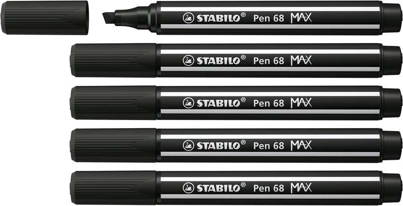 Stabilo Pen 68 MAX Rotulador - Punta de Fibra Biselada - Trazo entre 1-5mm aprox. - Tinta a Base de Agua - Color Negro · Pack de 5 uds.