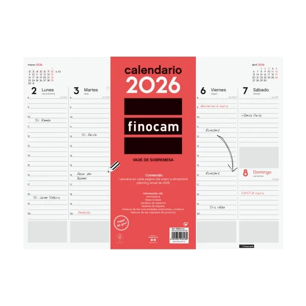 Finocam Vade Protector de Escritorio - Anual 2026 - Encolado - 420x7x310mm - Semana Vista en Vertical - Color Blanco y Rojo