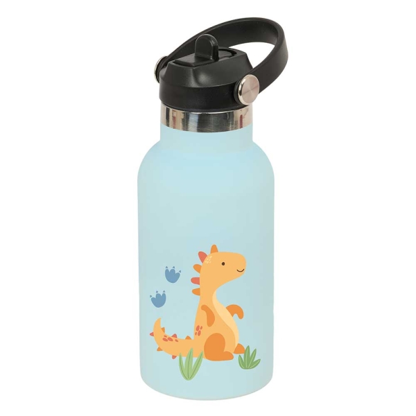 Safta Dino Botella Isotermica Infantil - Capacidad 350ml - Tapon Roscado con Valvula - Base de Silicona - Asa Superior - Acero Inoxidable - 12h Caliente - 24h Frio - 19.5x7.3cm - Color Azul