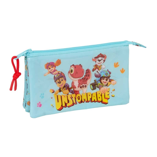 Safta Paw Patrol Dino Rescue Portatodo - 3 Compartimentos con Cremallera - Bolsillo Interior Central - 22x12x3cm - Color Azul Pastel