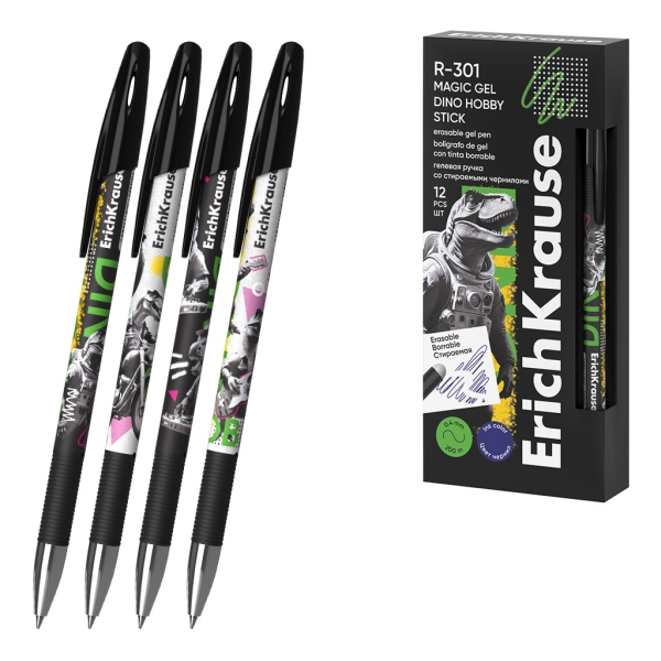 ErichKrause R-301 Magic Gel Stick Dino Hobby Boligrafo Borrable - Modelos Surtidos - Trazo 0.4mm - Tinta de Gel - Resistente al Agua - Secado Rapido - Color Azul · Pack de 12 uds.
