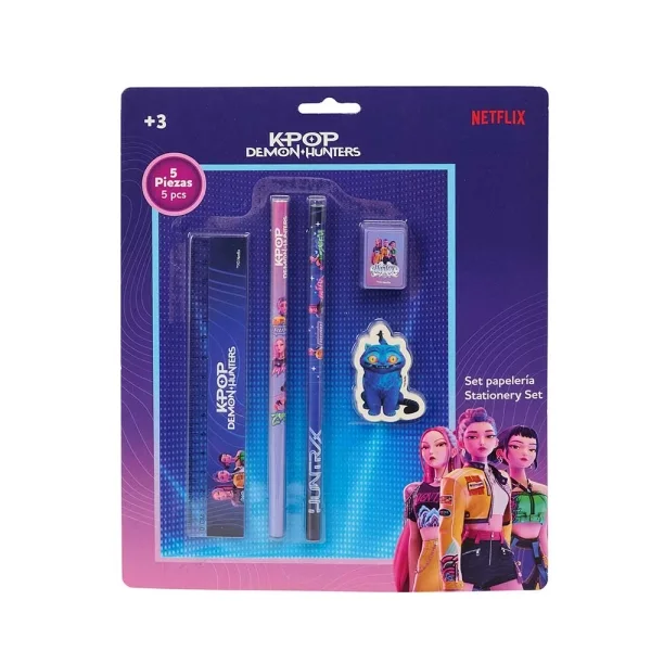 Safta K-Pop Demon Hunters Pack Escolar - 2 Lapices - Regla - Sacapuntas - Goma de Borrar - Multicolor