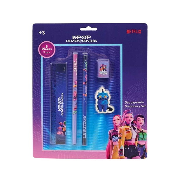 Safta K-Pop Demon Hunters Pack Escolar - 2 Lapices - Regla - Sacapuntas - Goma de Borrar - Multicolor