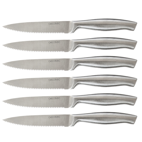 Cecotec Pack de 6 Cuchillos Dentados - Hoja de 1.8mm de Grosor - Hoja de 12cm - Mango de 11.6cm - Acero Inoxidable - Sierra para Carne