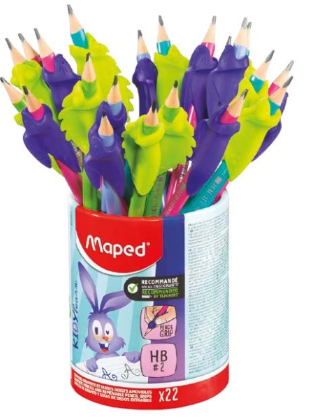 Maped Kidy Lern Bote con 22 Lapices de Grafito 2HB + Guias para Dedos - 2 Modelos Camaleon y Conejo - Apta para la Mayoria de Lapices - Para Alumnos de 3 a 7 Años