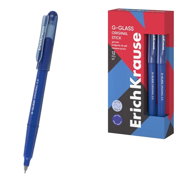 ErichKrause G-Glass Stick Original Boligrafo con Capuchon - Punta de 0.5mm - Trazo 0.4mm - Tinta de Gel - Resistente al Agua - Secado Rapido - Tapa Ventilada - Color Azul · Pack de 12 uds.