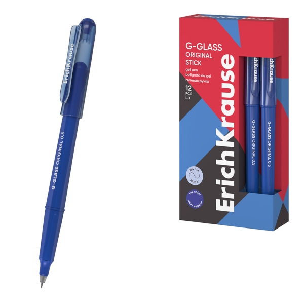 ErichKrause G-Glass Stick Original Boligrafo con Capuchon - Punta de 0.5mm - Trazo 0.4mm - Tinta de Gel - Resistente al Agua - Secado Rapido - Tapa Ventilada - Color Azul · Pack de 12 uds.
