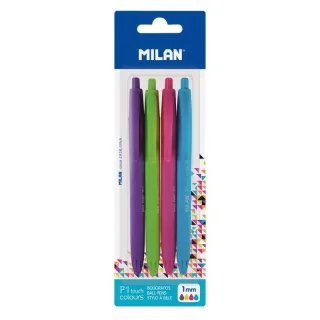 Milan P1 Touch Colours Pack de 4 Boligrafos de Bola Retractiles - Punta Redonda 1mm - Tinta con Base de Aceite - Escritura Suave - 1.200m de Escritura - Color Azul Claro, Verde Claro, Lila y