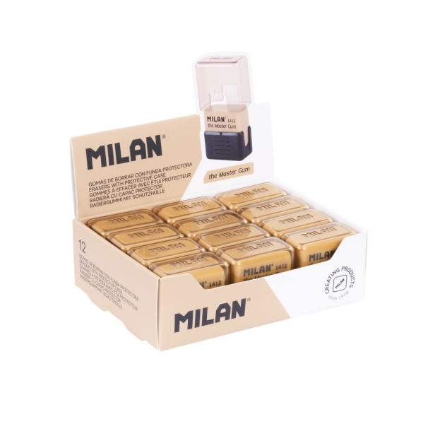 Milan Master Gum Expositor con 12 Gomas para Bellas Artes - Funda Rigida - Miga de Pan - Caucho Sintetico - Color Marron