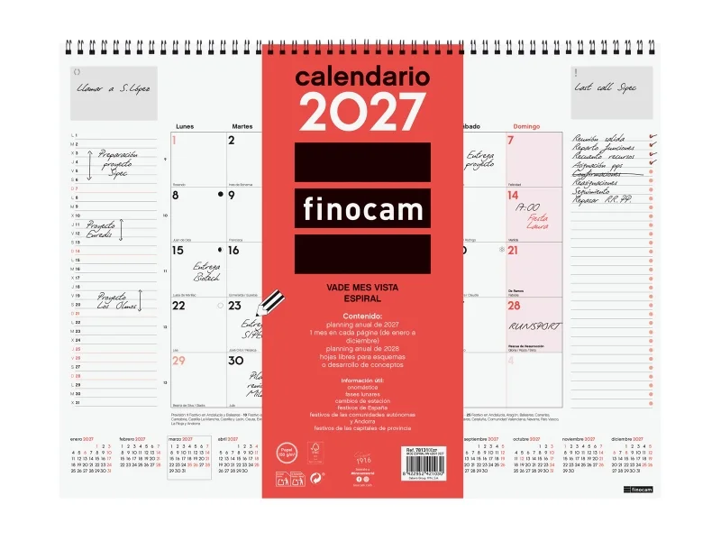 Finocam Neutro Vade Calendario - Anual 2027 - Mes Vista - 420x310mm - Espiral Doble - Papel de 150g/m2 - Espacio para Escribir - Color Rojo y Blanco