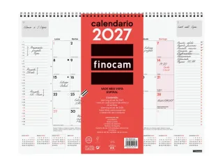 Finocam Neutro Vade Calendario - Anual 2027 - Mes Vista - 420x310mm - Espiral Doble - Papel de 150g/m2 - Espacio para Escribir - Color Rojo y Blanco