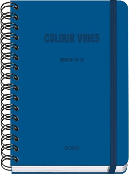 Dohe Colour Vibes Agenda Escolar 25/26 Espiral Wire’o A5 - Semana Vista - Papel 80g/m2 - 4 Hojas de Pegatinas - Cubierta de Carton Plastificado - Cierre con Goma Elastica - Color Azul