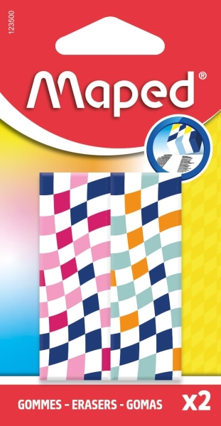 Maped Pack de 2 Gomas de Borrar con 3 Diseños Damero - Forma Rectangular - Sin Ftalatos - Colores Surtidos