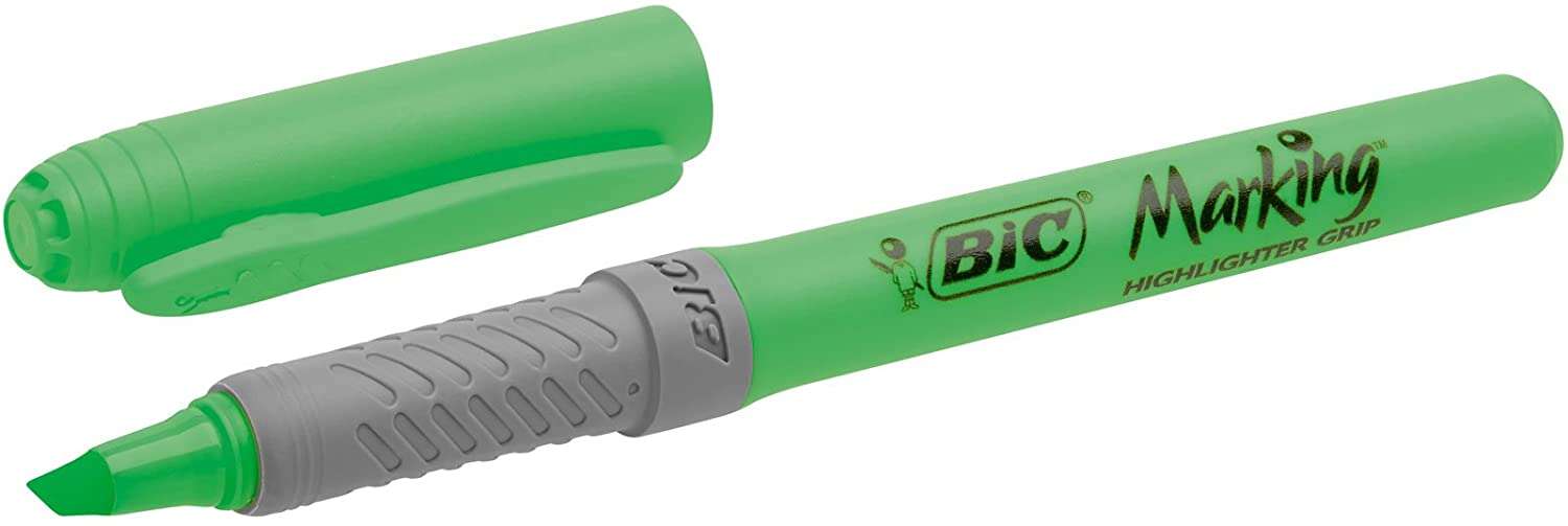 Bic Highlighter Grip Marcador Fluorescente - Tinta con Base de Agua - Punta Biselada - Trazo entre 1.60 y 3.30 mm - Color Verde · Pack de 12 uds.
