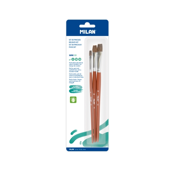 Milan 121 Pack de 3 Pinceles Planos - Formatos Surtidos - Color Madera Oscuro