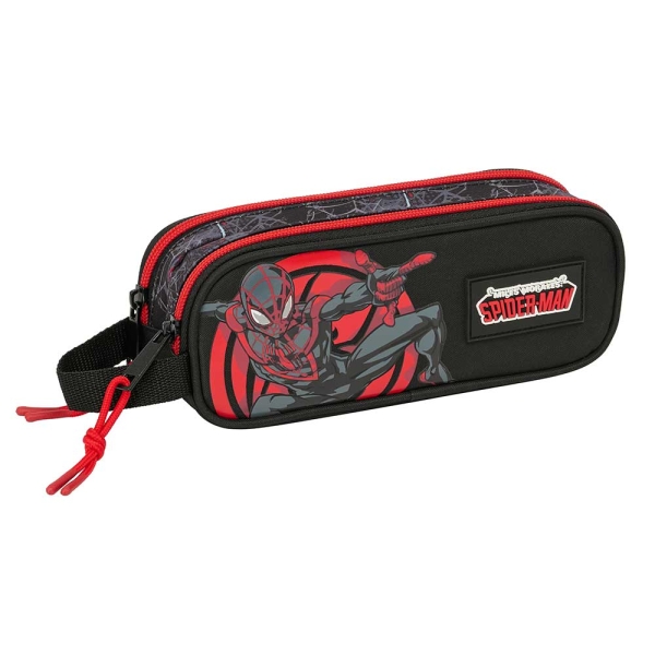 Safta Miles Morales Portatodo - 2 Compartimentos con Cremalleras - Asa Lateral - 1L - 210x60x80mm - Color Negro y Rojo