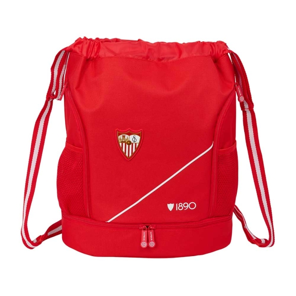 Safta Sevilla FC Saco Mochila - Cremallera Bidireccional - Portabotellas - Hombreras de Cinta Ajustables - Compartimento Inferior - 35x40x1cm - Color Rojo