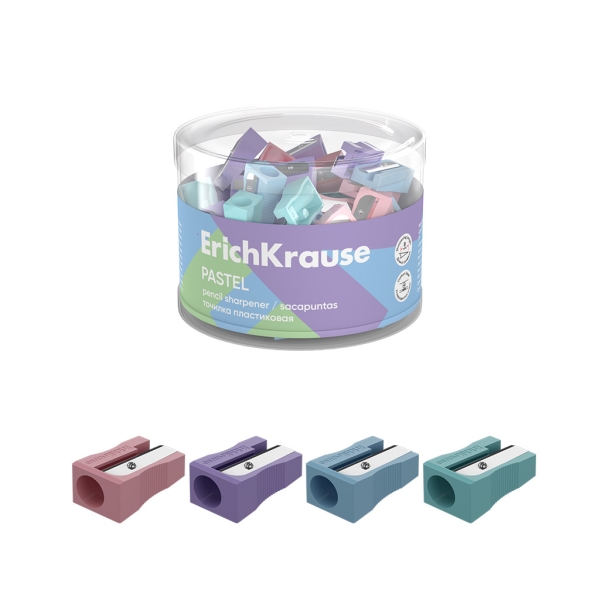 ErichKrause EasySharp Pastel Sacapuntas de Plastico - Cuchilla Niquelada de Acero al Carbono - Orificio de 8mm - Colores Surtidos · Pack de 60 uds.