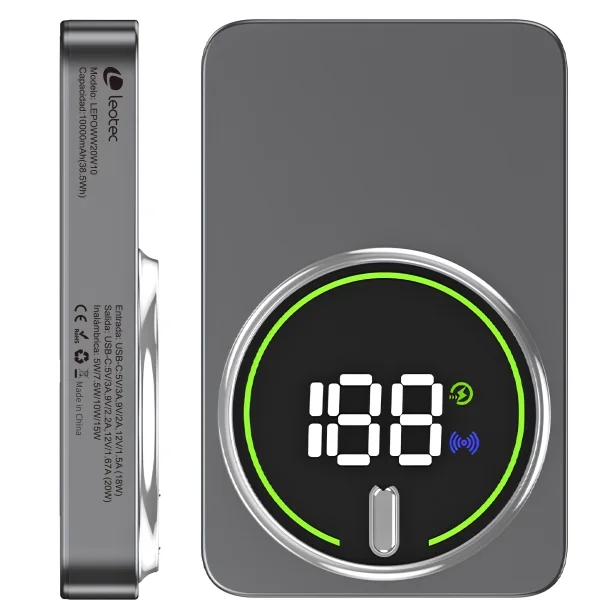 Leotec Powerbank Inalambrico 10.000 mAh - PD 20W - Qi 15W - Color Gris