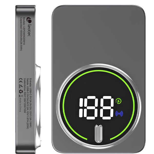 Leotec Powerbank Inalambrico 10.000 mAh - PD 20W - Qi 15W - Color Gris