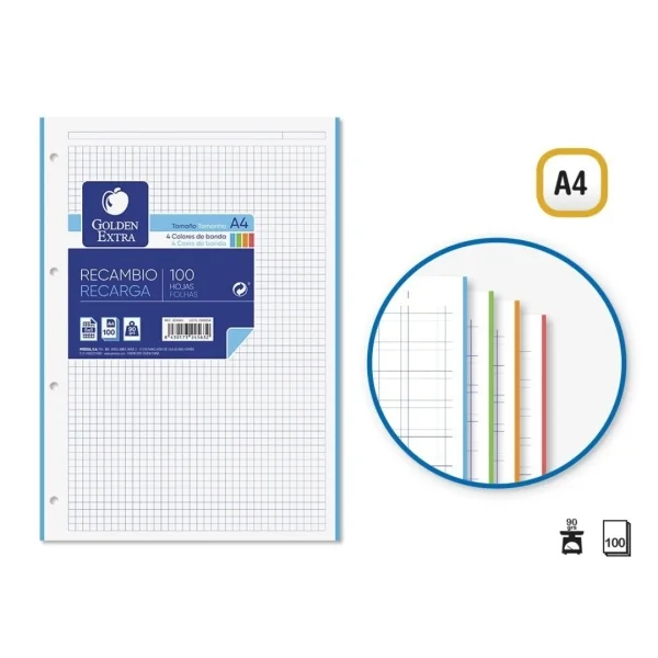 Golden Extra Recambio de 100 Hojas 90gr Cuadricula 5x5 - Formato A4 - 4 Taladros y Bandas de Color · Pack de 4 uds.