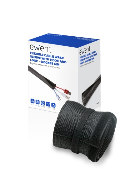 Ewent Manguito Organizador de Cable Polyester - Cierre de Velcro - 1m - 85mm - Color Negro