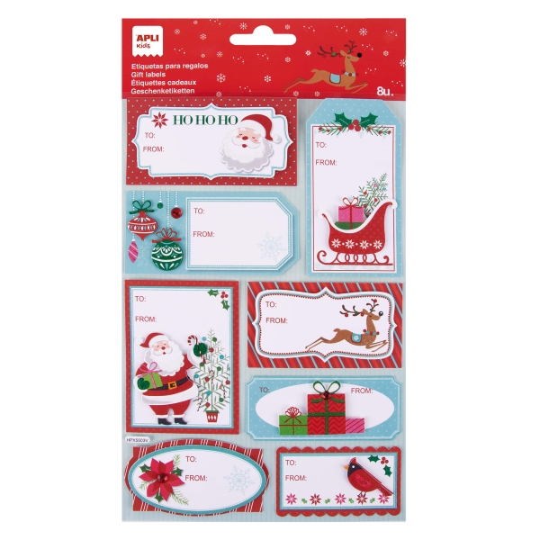 Apli Pack de 8 Etiquetas Adhesivas Navideñas para Regalos - Tamaños y Diseños Surtidos - Espacio para Escribir