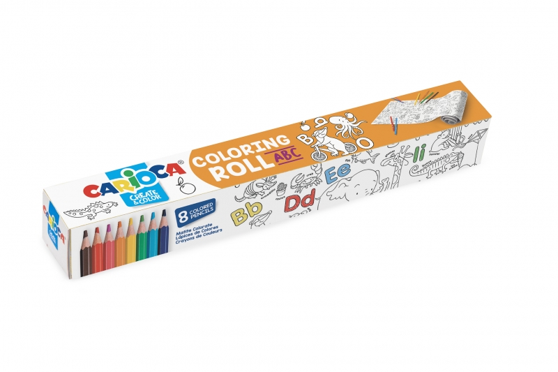 Carioca Coloring Roll Abc Rollo de Papel Adhesivo para Colorear - Aplicable en Superficies Verticales u Horizontales - Pegable y Despegable sin Residuos - Incluye 8 Lapices de Colores - Colo