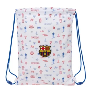 Safta F.C.Barcelona Preescolar Saco Plano - Cierre con Cordones - Bolsillo Interior con Cremallera - 26x34x1cm - Color Blanco