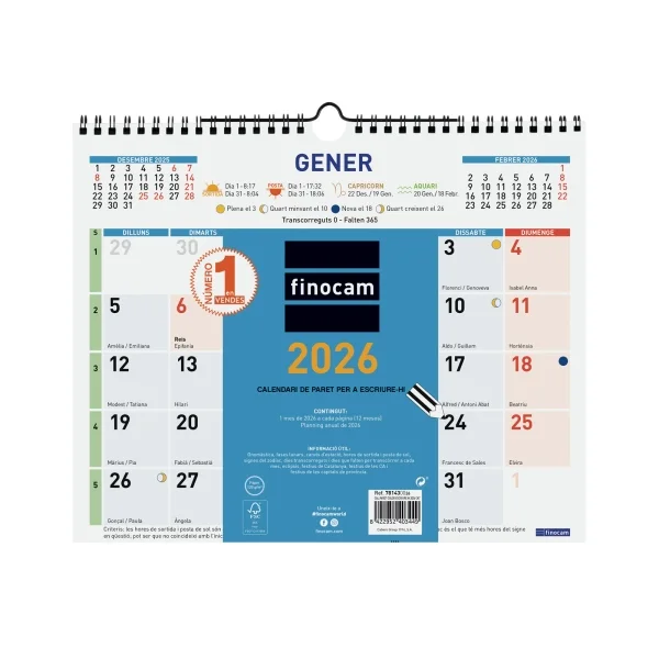 Finocam Calendario de Pared en Catalan - Anual 2026 - Formato M - 300x10x255mm - Espacio para Escribir - Color Azul y Blanco