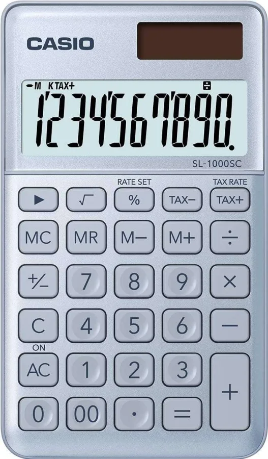 Casio SL-1000SC Calculadora de Bolsillo - Pantalla Extragrande de 10 Digitos - Alimentacion Solar y Pilas - Color Azul