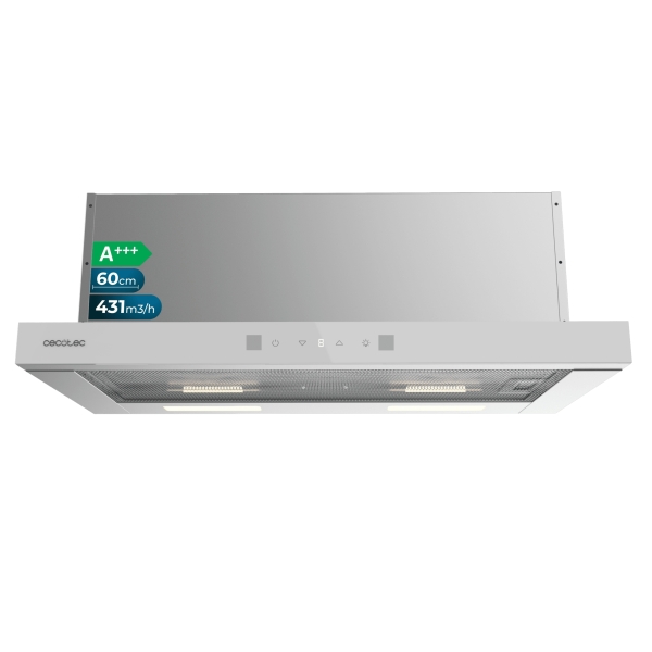 Cecotec Bolero Flux TLT 604400 Glass White A+++ Campana Extractora Telescopica de 60cm - 431.2m3/h - Luz LED - Acero Inoxidable - Filtros Aptos para Lavavajillas - Filtros de Carbono - Color