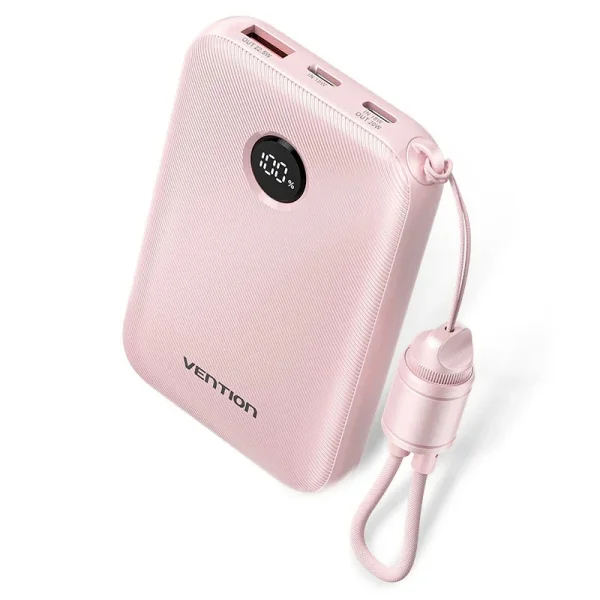 Vention Powerbank de 10000mAh - Potencia de Salida hasta 22.5W - USB-A - USB-C - Pantalla LED - Cable USB-C de 17cm - Apto para Viajes Aereos - Color Rosa