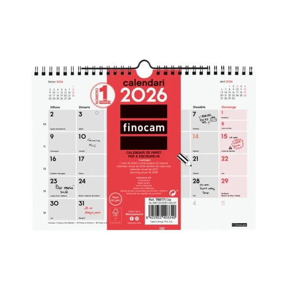 Finocam Calendario de Pared en Catalan - Anual 2026 - 210x5x160mm - Espacio para Escribir - Color Blanco y Rojo