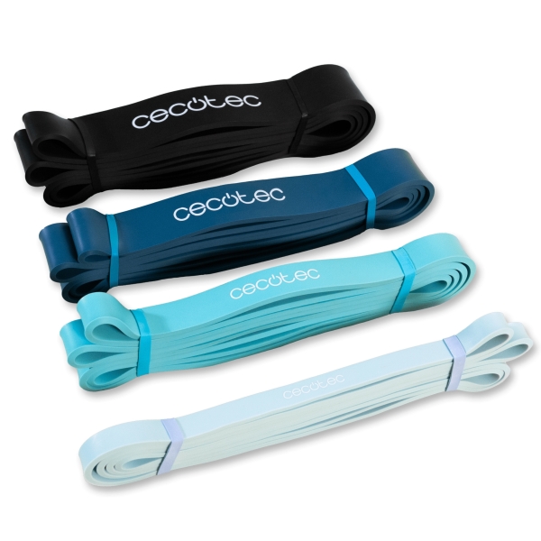 Cecotec DrumFit Power Band Set Set de 4 Bandas Elasticas de 15 a 60kg - Bolsa de Transporte - Latex - Color Surtido