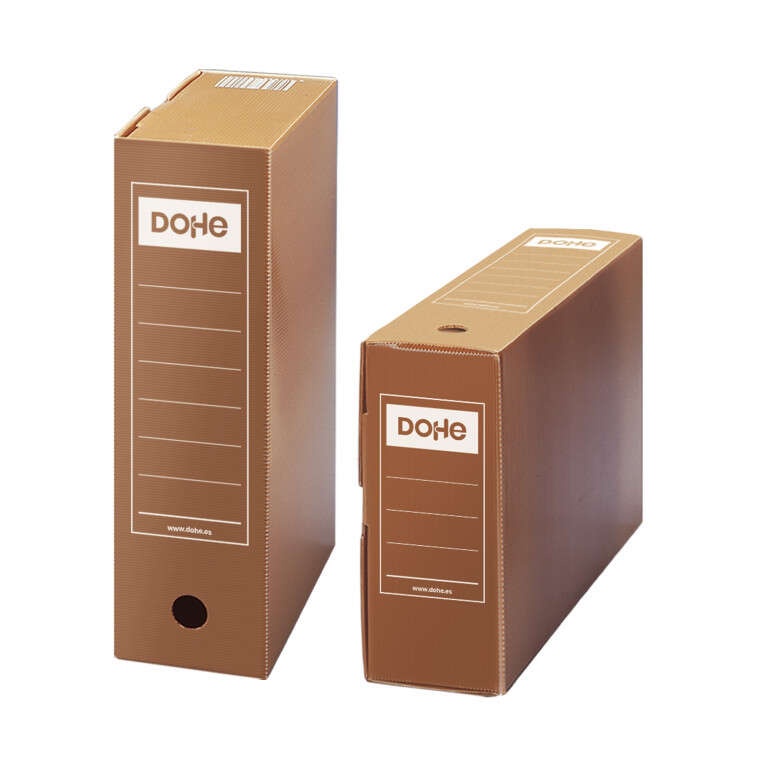 Dohe Caja de Archivo Definitivo Polipropileno Acanalado Lomo 115mm - Tamaño Folio Prolongado - Utilizable en Horizontal y Vertical - Facil Montaje - Color Marron · Pack de 50 uds.
