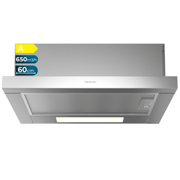 Cecotec Bolero Flux TLM 606500 Inox A Campana Extractora Telescopica de 60cm - 165W - Succion 650m3/h - Luz LED - Incluye Accesorios - Kit de Montaje - Filtros de Carbono Incluidos - Color A